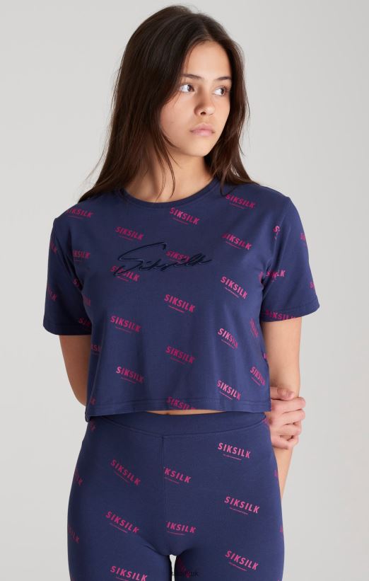 SikSilk Apparel 020XHH324 Navy Signature Cropped T-Shirt Girls