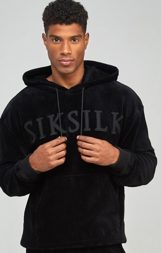 SikSilk Apparel 020XHH414 Black Corduroy Applique Logo Overhead Hoodie Men