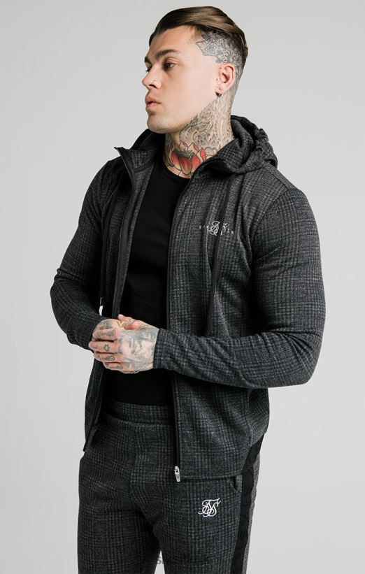 SikSilk Apparel 020XHH451 Tonal Check Agility Zip Through Hoodie - Grey Men