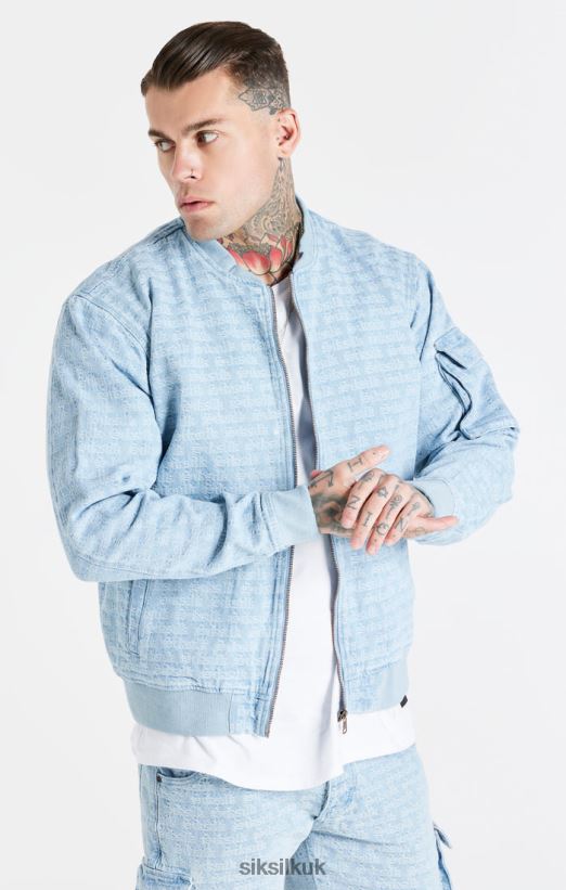 SikSilk Apparel 020XHH471 Blue Jacquard Denim Bomber Jacket Men