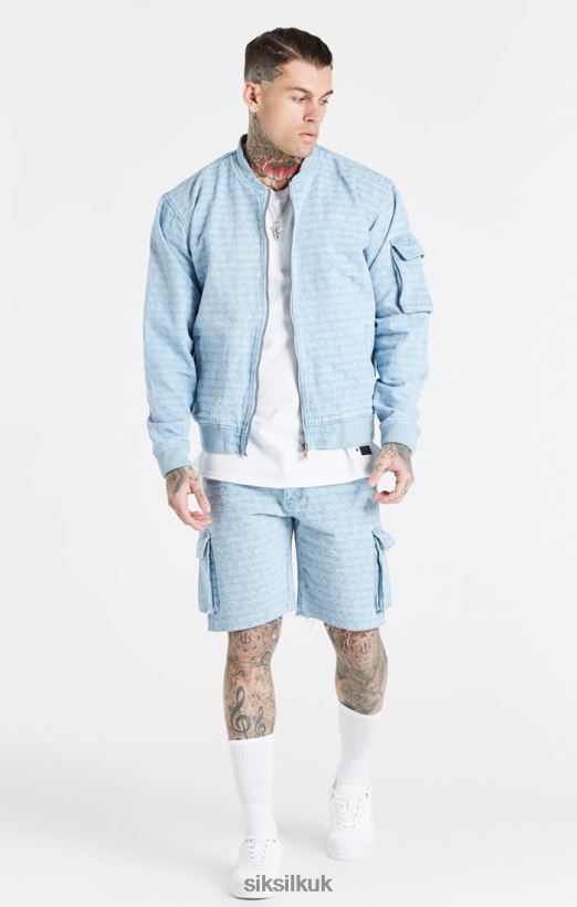 SikSilk Apparel 020XHH471 Blue Jacquard Denim Bomber Jacket Men