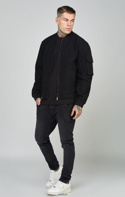 SikSilk Apparel 020XHH491 Black Repeat Logo Denim Bomber Jacket Men