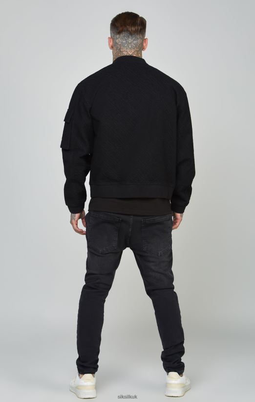 SikSilk Apparel 020XHH491 Black Repeat Logo Denim Bomber Jacket Men