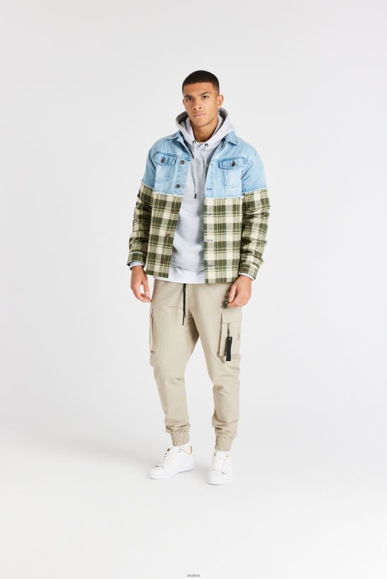 SikSilk Apparel 020XHH496 Green Plaid Contrast Denim Jacket Men