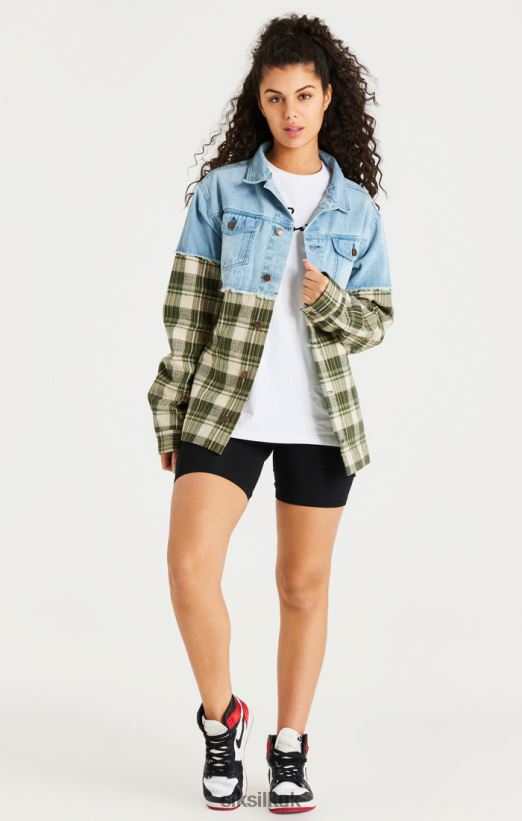 SikSilk Apparel 020XHH496 Green Plaid Contrast Denim Jacket Men