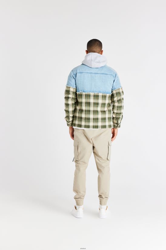 SikSilk Apparel 020XHH496 Green Plaid Contrast Denim Jacket Men
