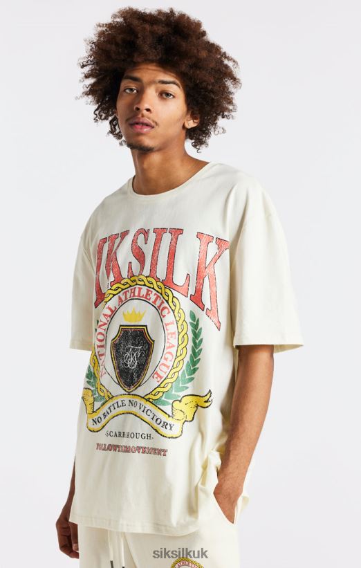 SikSilk Apparel 020XHH409 Ecru Varsity Print Oversized T-Shirt Men