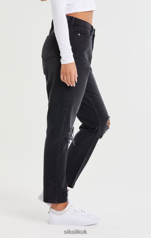 SikSilk Apparel 020XHH191 Washed Black Knee Rip Denim Mom Jean Women
