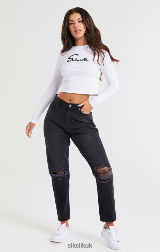 SikSilk Apparel 020XHH191 Washed Black Knee Rip Denim Mom Jean Women