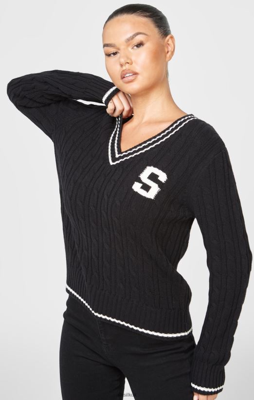 SikSilk Apparel 020XHH105 Black Varsity Cable Knit Sweater Women