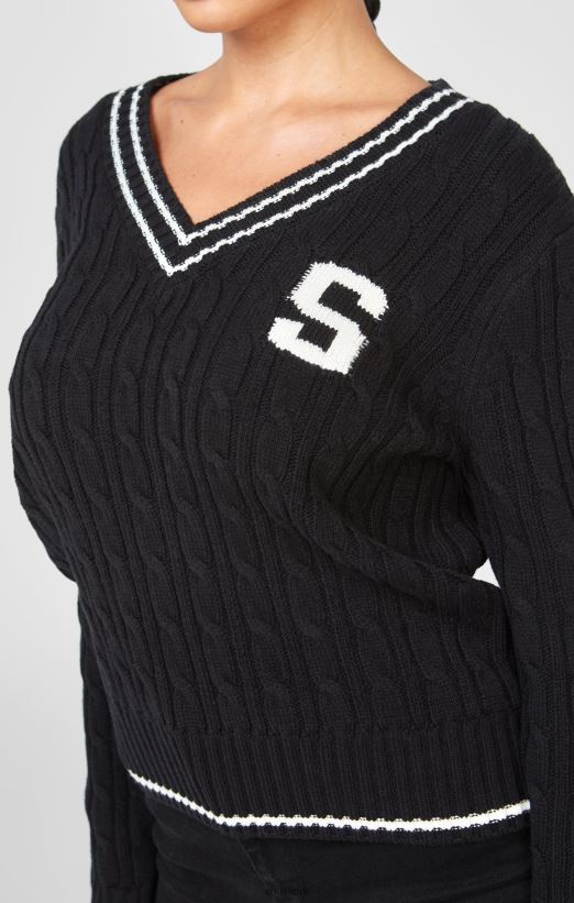 SikSilk Apparel 020XHH105 Black Varsity Cable Knit Sweater Women