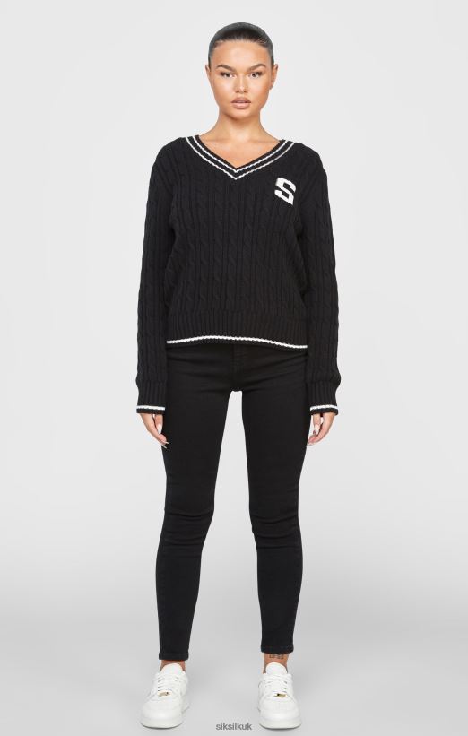 SikSilk Apparel 020XHH105 Black Varsity Cable Knit Sweater Women