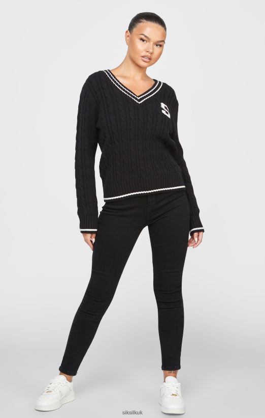 SikSilk Apparel 020XHH105 Black Varsity Cable Knit Sweater Women