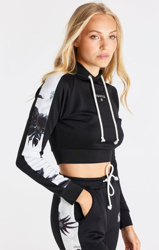 SikSilk Apparel 020XHH114 Black Floral Panel Sleeve Crop Hoodie Women