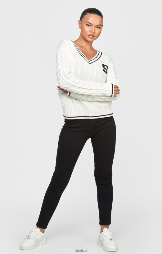 SikSilk Apparel 020XHH79 Ecru Varsity Cable Knit Sweater Women