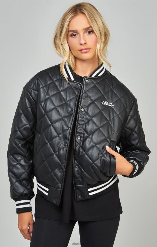 SikSilk Apparel 020XHH135 Black Pu Quilted Varsity Jacket Women