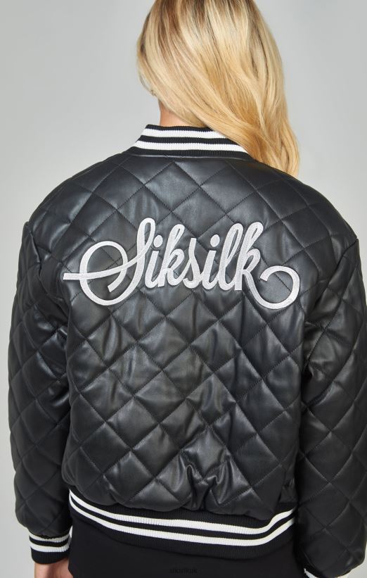 SikSilk Apparel 020XHH135 Black Pu Quilted Varsity Jacket Women