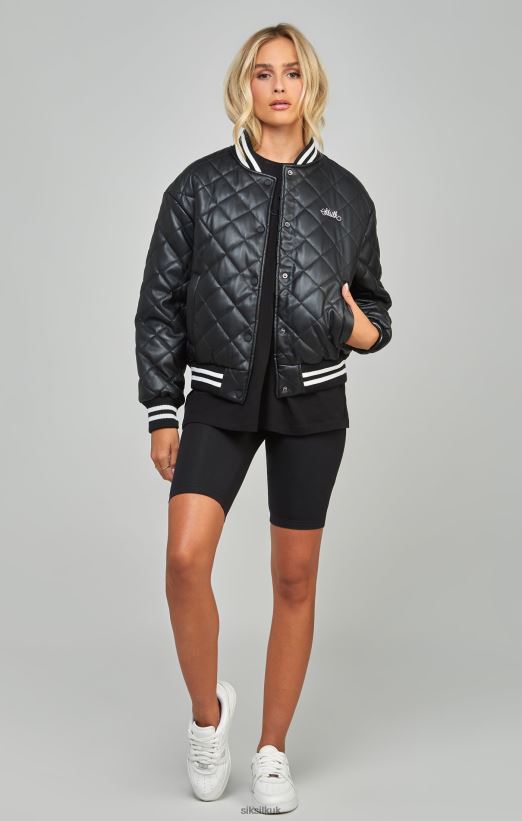 SikSilk Apparel 020XHH135 Black Pu Quilted Varsity Jacket Women