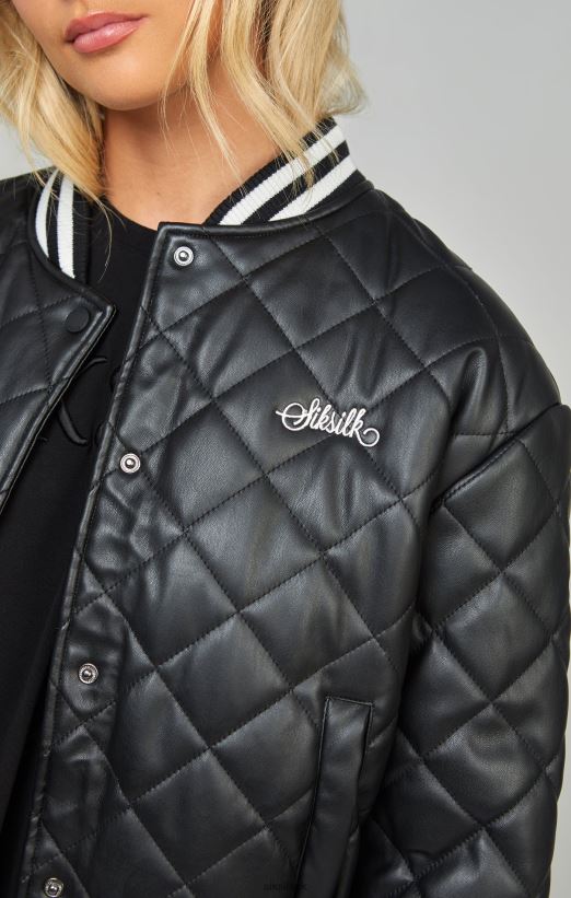 SikSilk Apparel 020XHH135 Black Pu Quilted Varsity Jacket Women