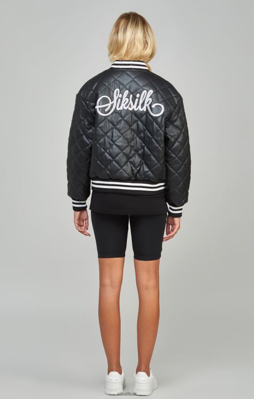 SikSilk Apparel 020XHH135 Black Pu Quilted Varsity Jacket Women