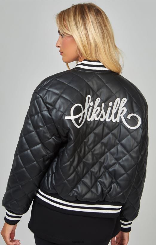 SikSilk Apparel 020XHH135 Black Pu Quilted Varsity Jacket Women