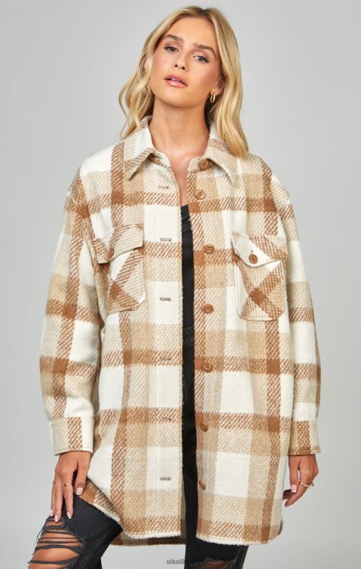 SikSilk Apparel 020XHH137 Beige Checked Shacket Women
