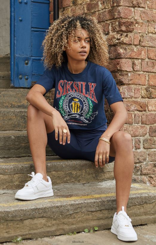 SikSilk Apparel 020XHH28 Navy Crop Varsity T-Shirt Women