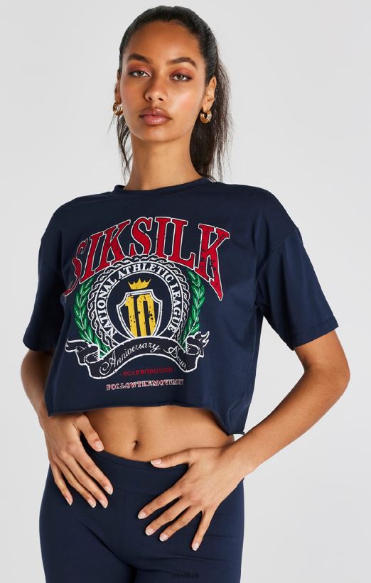 SikSilk Apparel 020XHH28 Navy Crop Varsity T-Shirt Women