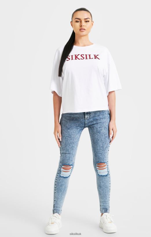SikSilk Apparel 020XHH35 White Sparkle Boxy Crop T-Shirt Women