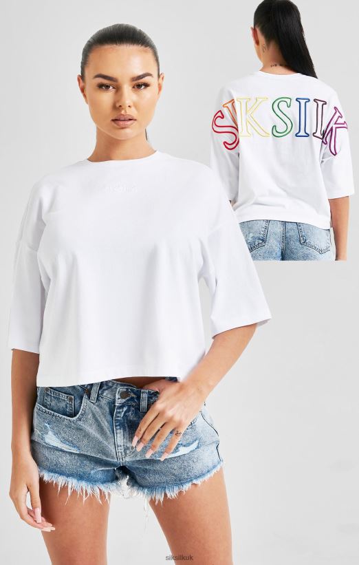 SikSilk Apparel 020XHH47 White Branded Crop T-Shirt Rainbow Women