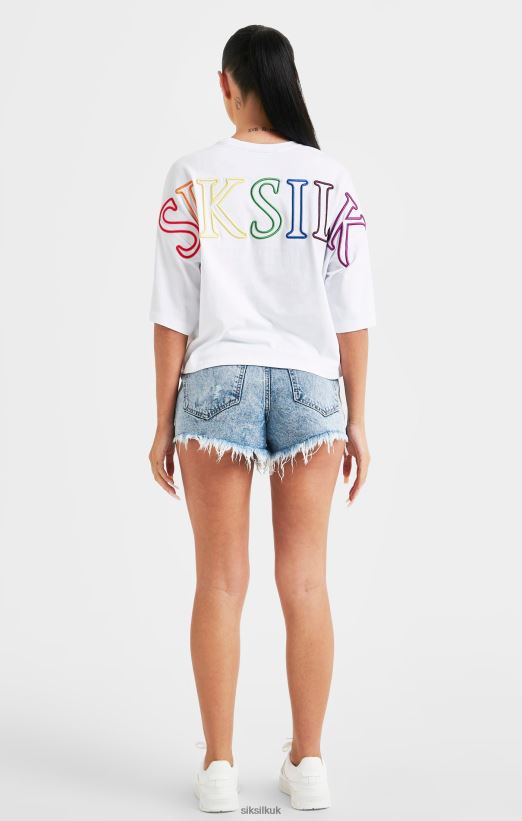 SikSilk Apparel 020XHH47 White Branded Crop T-Shirt Rainbow Women