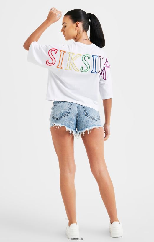 SikSilk Apparel 020XHH47 White Branded Crop T-Shirt Rainbow Women