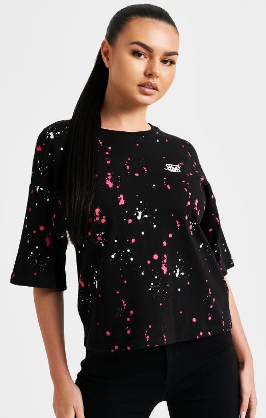 SikSilk Apparel 020XHH67 Black Paint Splatter Crop T-Shirt Women